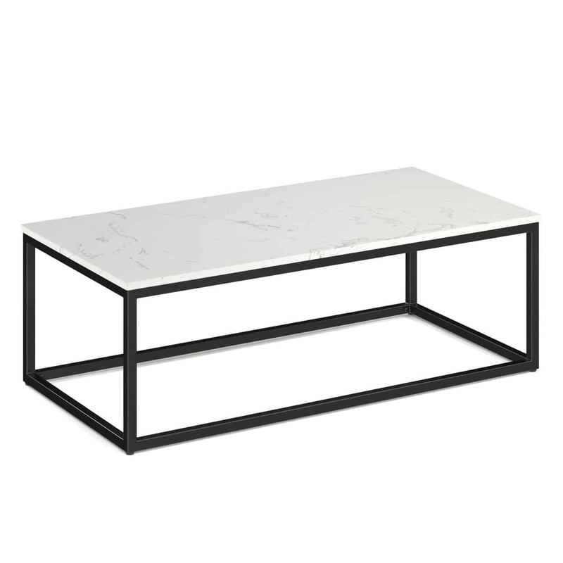 New – 48″ x 24″ Lenox White Quartz Stone and Black Metal Modern Coffee Table Office Furniture Liquidations