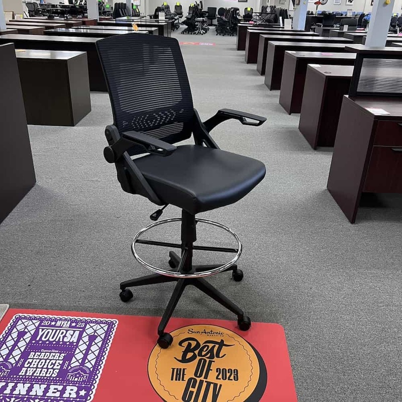 New – Black Antimicrobial Vinyl and Chrome Office Stool with Mesh Back and Flip-Up Arms Office Furniture Liquidations