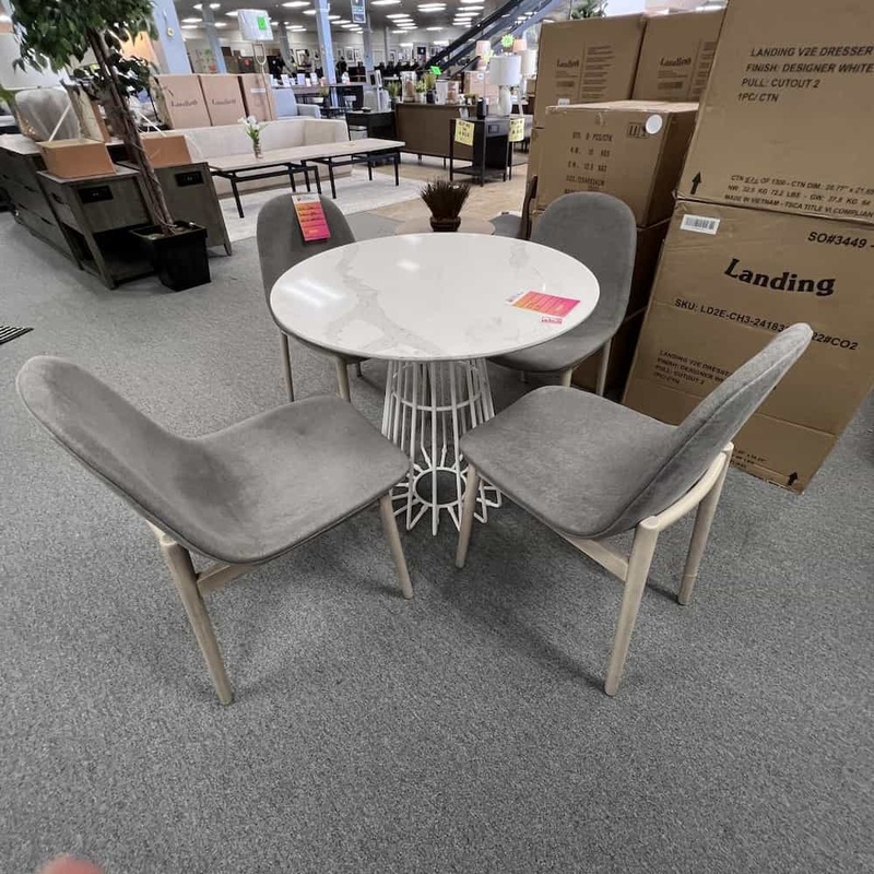 SET – 32″ Light Grey and White Walnut Chairs with White Stone Round Dining Table Office Furniture Liquidations