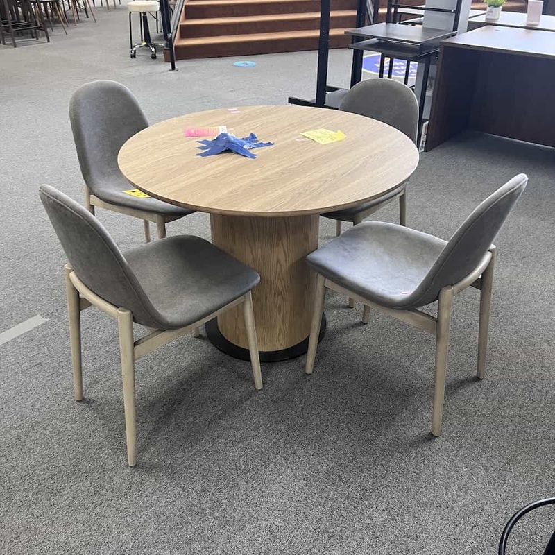 SET – 40″ Oak and Grey Round Dining Table and 4 Chairs Office Furniture Liquidations