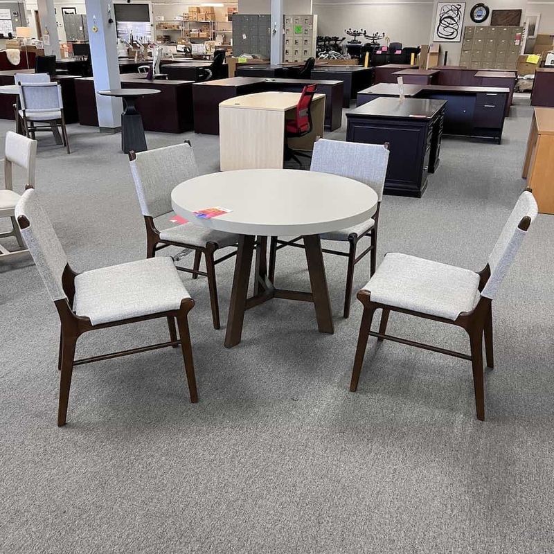 SET – 40″ Walnut and Beige Mid-Century Modern Round Dining Table and 4 Chairs Office Furniture Liquidations