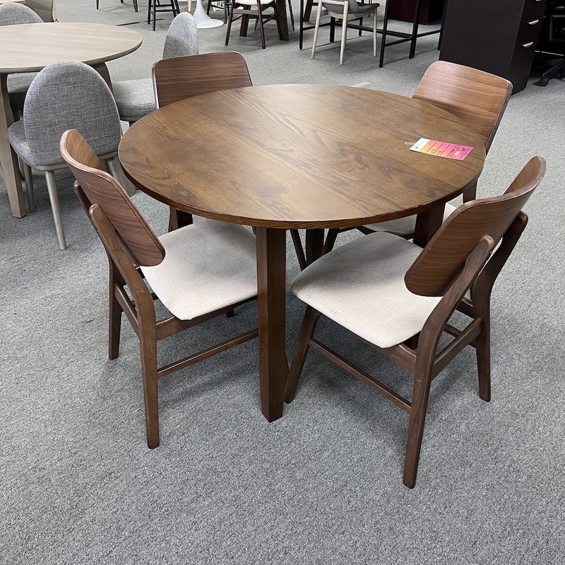 SET – 42″ Walnut Mid-Century Modern Round Dining Table and 4 Chairs Office Furniture Liquidations