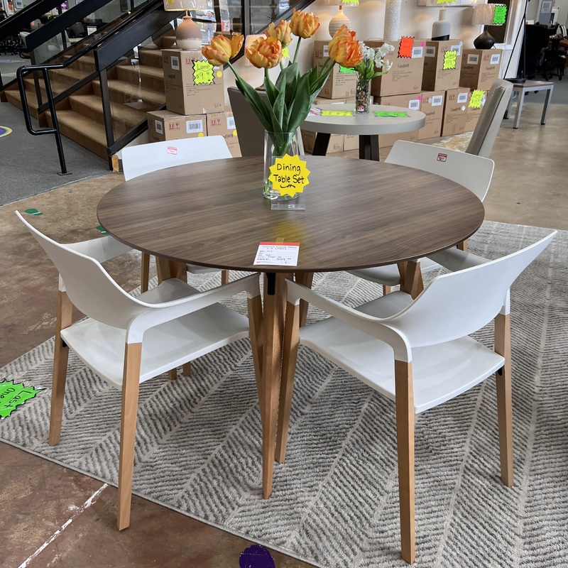 SET – 48″ Walnut and White Round Dining Table and 4 Chairs Office Furniture Liquidations