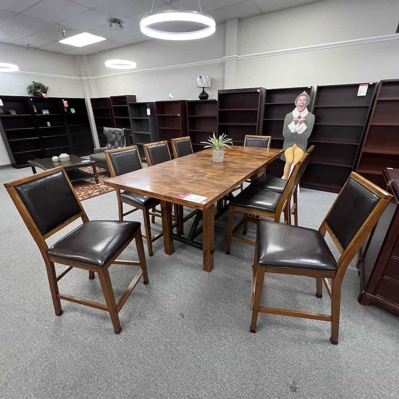 Set – 70″ – 84″ x 38″ Walnut and Brown Rectangle Counter Height Dining Table with 8 Chairs Office Furniture Liquidations