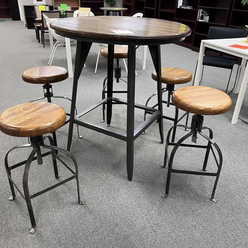 Set of 6 – 38″ W x 41″ H World Market Walnut and Grey Hudson Pub Table and 5 Stools Office Furniture Liquidations