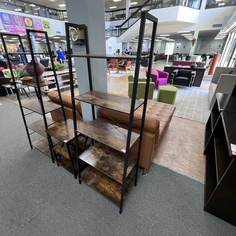 24″ W x 64″ H Weathered Wood and Black Metal Laminate Bookcase Office Furniture Liquidations