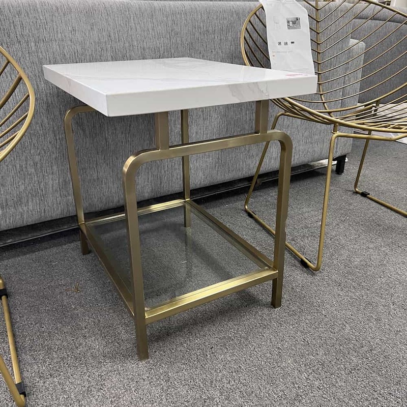 24″ White Stone and Gold Contemporary Side Table with Glass Shelf Office Furniture Liquidations