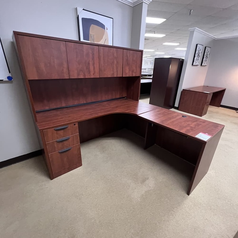 71″ x 72″ Cherry Laminate L-Desk with Single Pedestal and Hutch – Right Return Office Furniture Liquidations