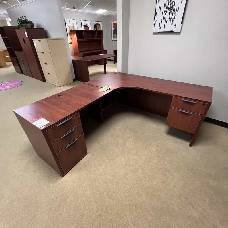 71″ x 78″ Cherry and Black L-Desk – Left Return Office Furniture Liquidations