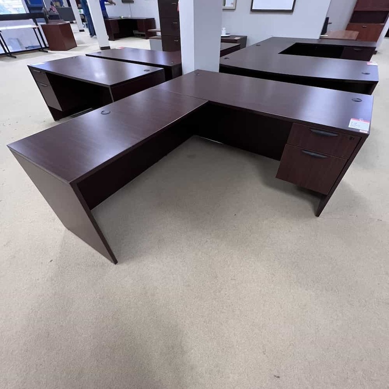 71″ x 78″ Mahogany and Black L-Desk with 1 Hanging File – Left Return Office Furniture Liquidations