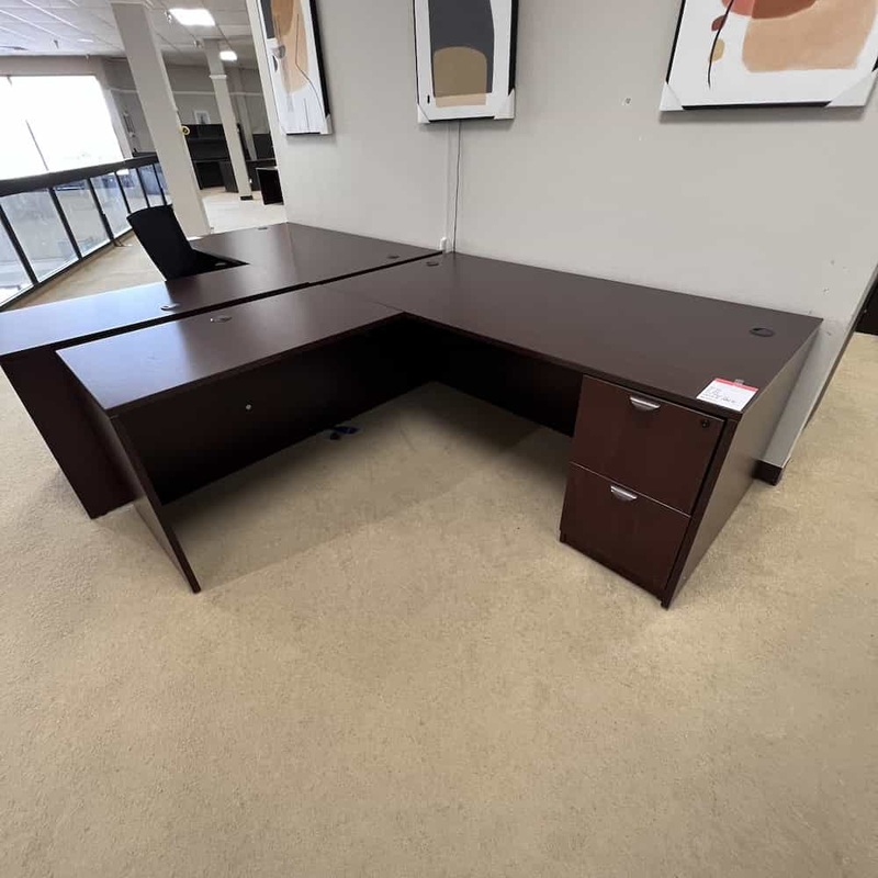 71″ x 78″ Mahogany and Bronze L-Desk with 1 File File – Left Return Office Furniture Liquidations