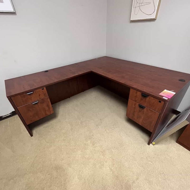 71″ x 83″ Cherry and Black L-Desk with 2 Hanging Files – Left Return Office Furniture Liquidations