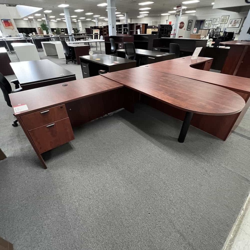 71″x 83″ Cherry Bullet Nose L-Desk with 1 Hanging File – Left Return Office Furniture Liquidations