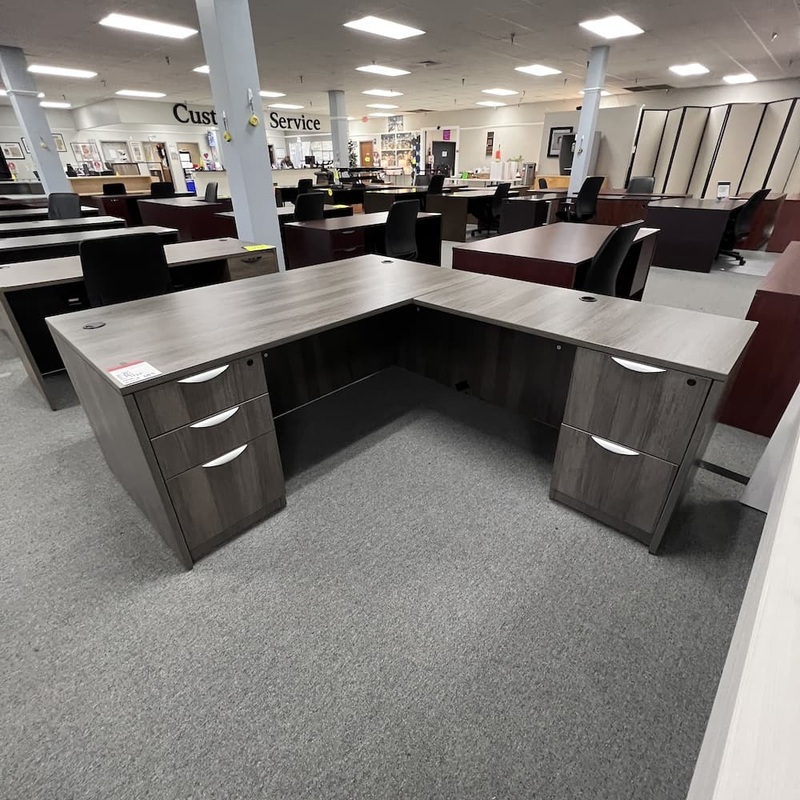 71″ x 83″ Grey Laminate L-Desk with Double Pedestal – Right Return Office Furniture Liquidations