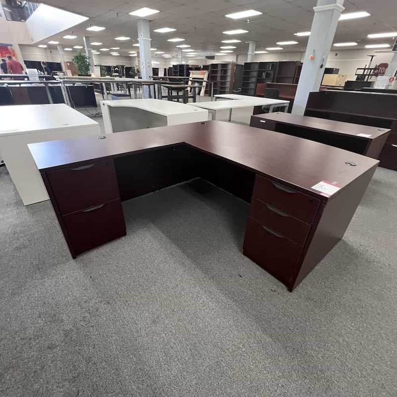 71″ x 83″ Mahogany and Black Bowfront L-Desk – Left Return Office Furniture Liquidations