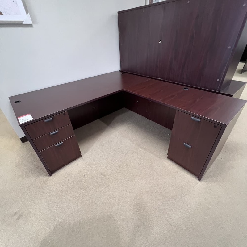 71″ x 83″ Mahogany L-Desk with 2 Pedestal Files – Right Return Office Furniture Liquidations