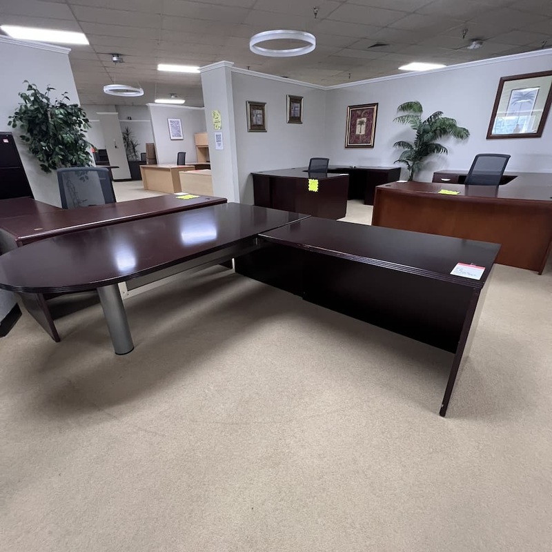 71″ x 83″ Mahogany Veneer Wood L-Desk Shell – Right Return Office Furniture Liquidations