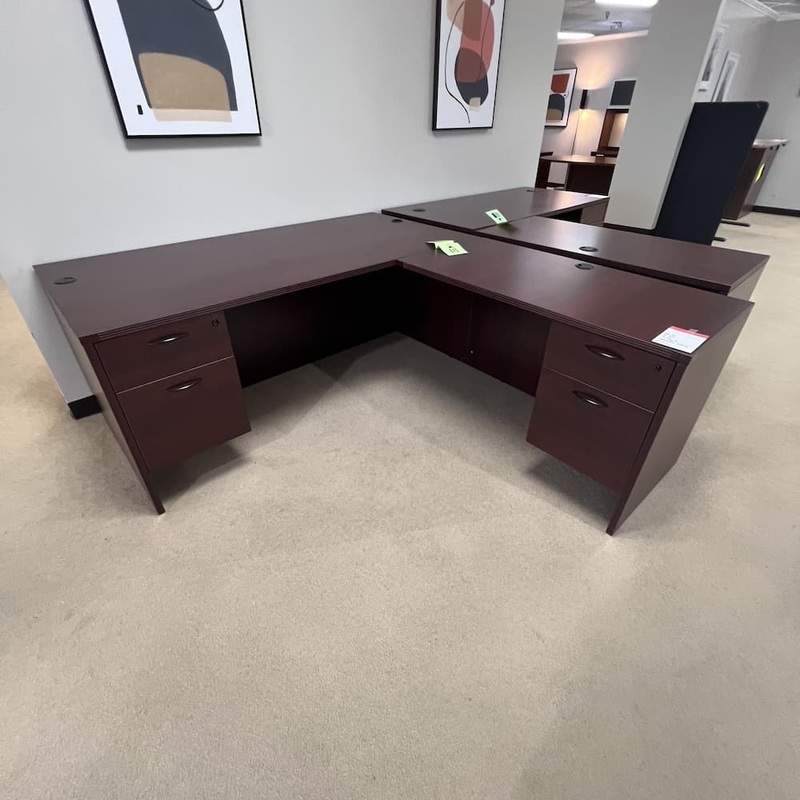 71″ x 83″ Office Star Mahogany Laminate L-Desk with 2 Hanging Files – Right Return Office Furniture Liquidations