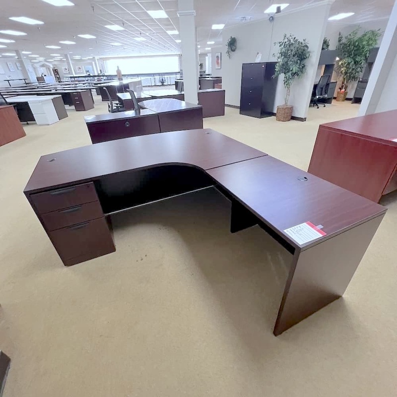 71″ x 84″ Mahogany and Black Bow Front L-Desk with 1 Pedestal File – Right Return Office Furniture Liquidations