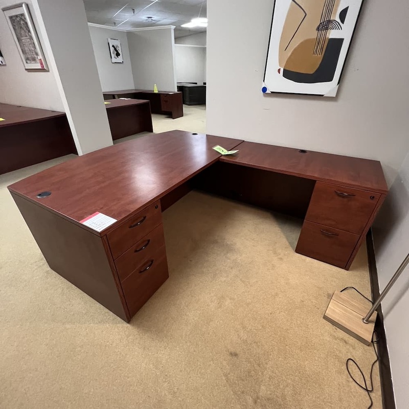 71″ x 89″ Cherry and Black Bow Front L-Desk – Right Return Office Furniture Liquidations