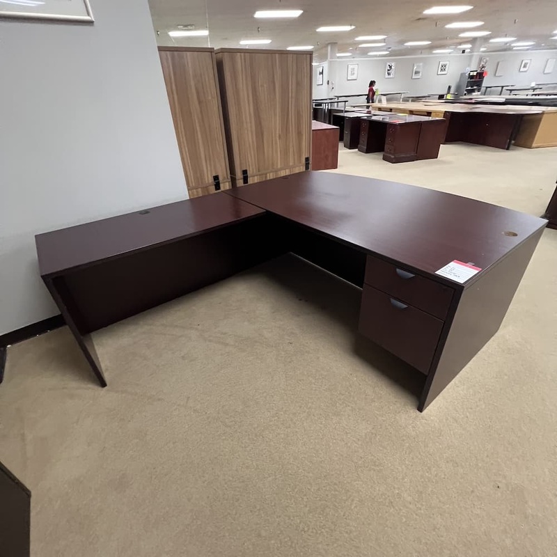 71″ x 89″ Mahogany and Black Bow Front L-Desk with Single Box/File – Left Return Office Furniture Liquidations