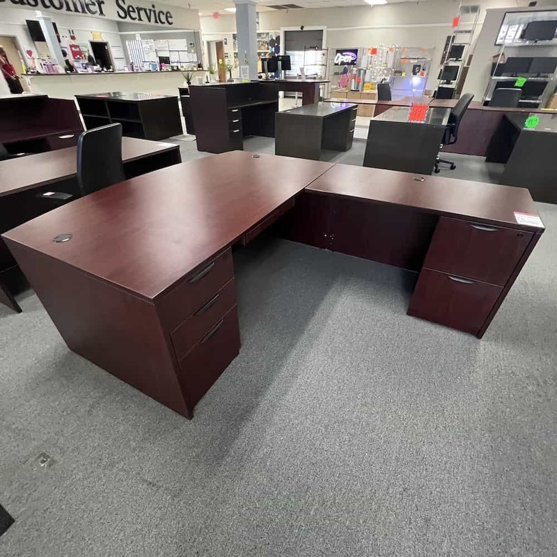 71″ x 89″ Offices to Go Mahogany and Black Bow Front L-Desk – Right Return Office Furniture Liquidations
