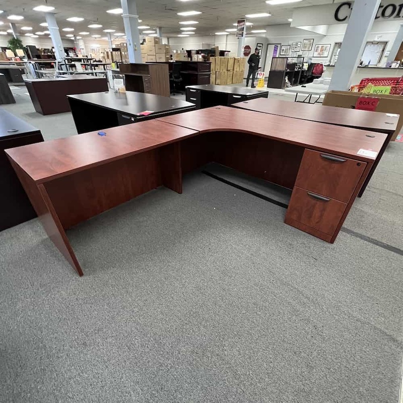 71″ x 90″ Cherry and Black L-Desk with 1 Pedestal File – Left Return Office Furniture Liquidations