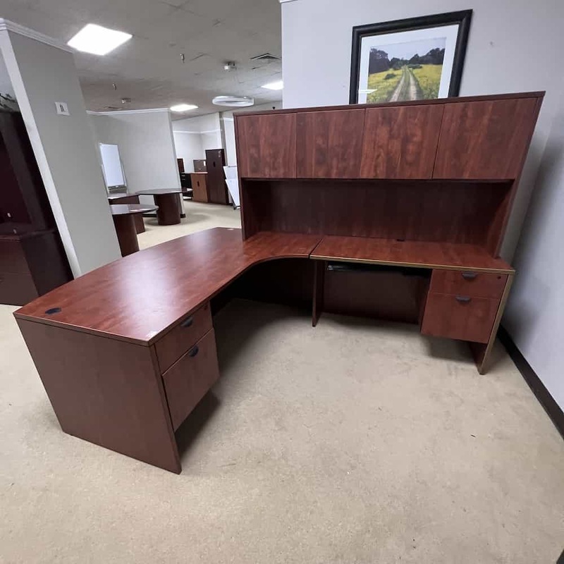 72″ Cherry and Black Bowfront L-Desk with Hutch – Right Return Office Furniture Liquidations
