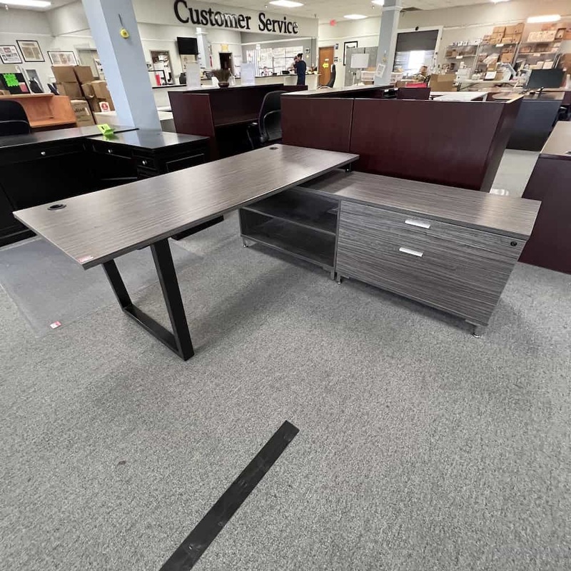 72″ Grey Table L-Desk with Low Credenza – Right Return Office Furniture Liquidations