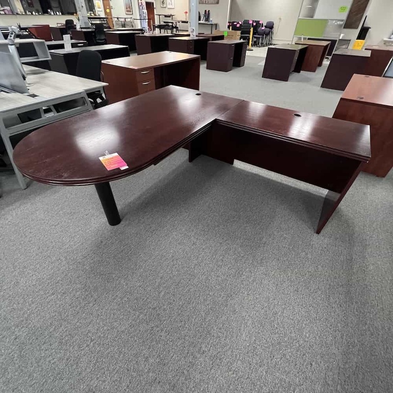72″ Kimball Mahogany Bullet Nose L-Desk – Right Return Office Furniture Liquidations