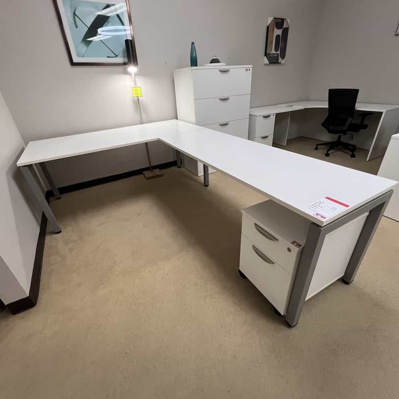 72″ x 102″ White and Grey Table L-Desk with Metal Legs – Right Return Office Furniture Liquidations
