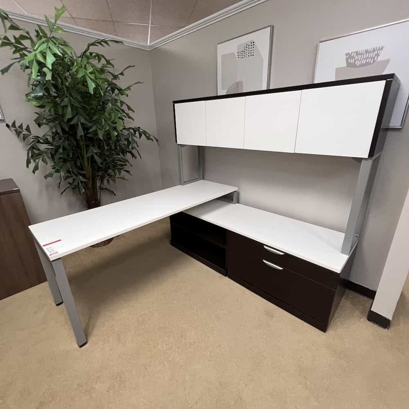 72″ x 71″ White and Espresso L-Desk with 4 Door Hutch – Right Return Office Furniture Liquidations