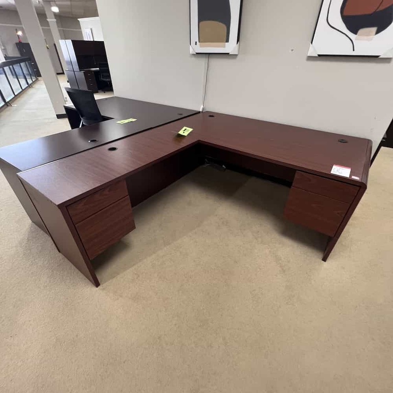 72″ x 84″ Global Mahogany L-Desk with 2 Hanging Files – Left Return Office Furniture Liquidations