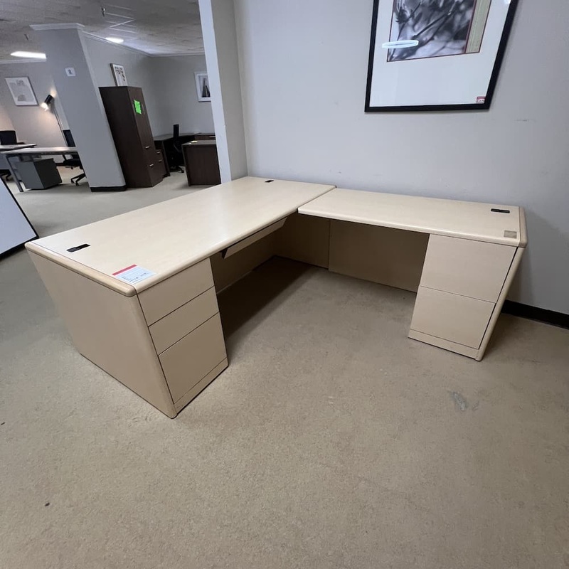 72″ x 84″ Hon Maple Laminate L-Desk Double Pedestal – Right Return Office Furniture Liquidations