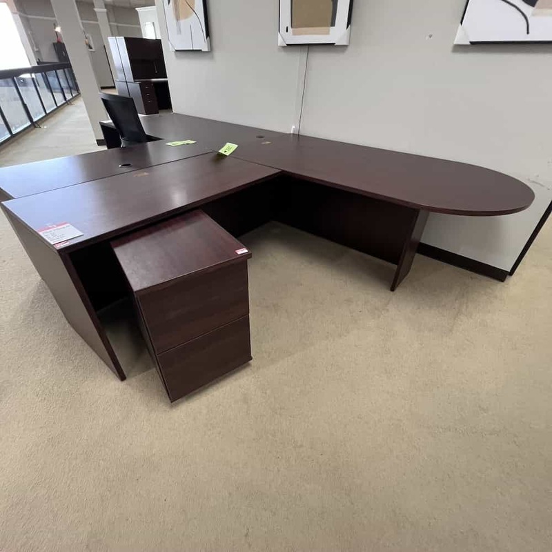 72″ x 84″ Mahogany Bullet Nose L-Desk with Rolling File – Left Return Office Furniture Liquidations