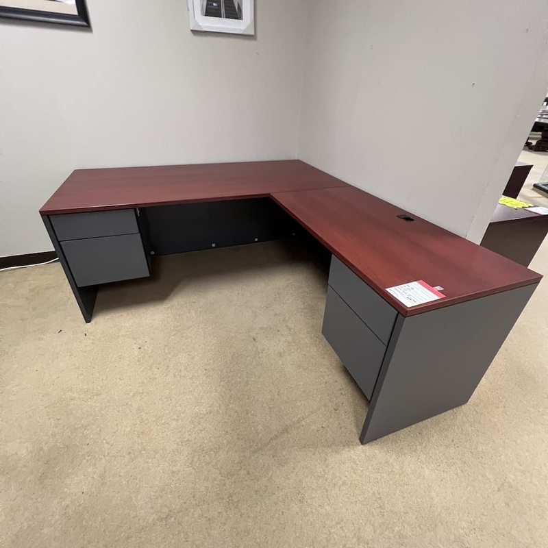 72″ x 85″ Global Cherry and Grey L-Desk with Double Hanging Files – Right Return Office Furniture Liquidations