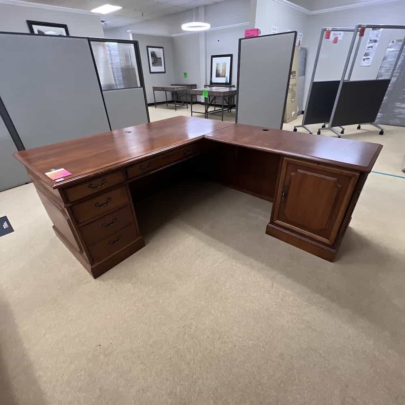 72″ x 86″ Hooker Furniture Walnut Traditional L-Desk with 2 Pedestals – Right Return Office Furniture Liquidations