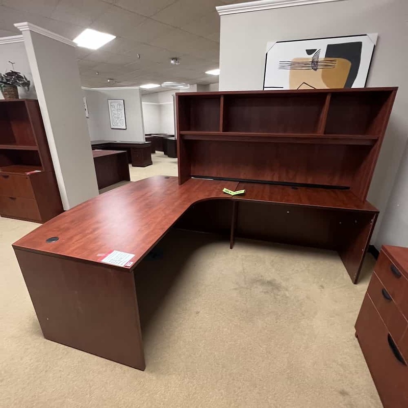 72″ x 96″ Cherry and Black Bow Front L-Desk with Open Hutch – Right Return Office Furniture Liquidations