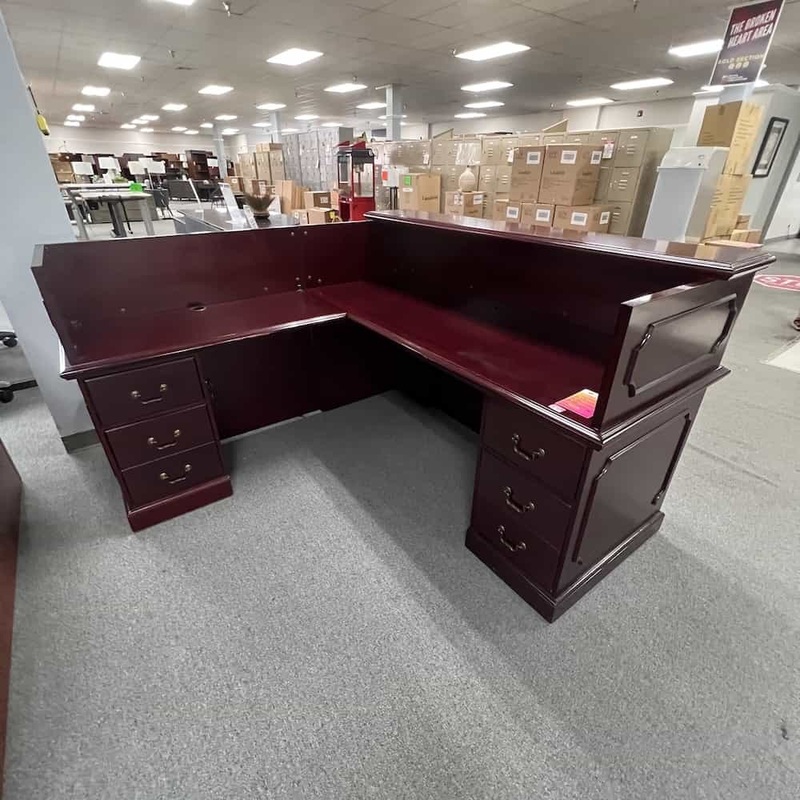 73″ Cherry Traditional Reception L-Desk with 2 Pedestal Files – Left Return Office Furniture Liquidations