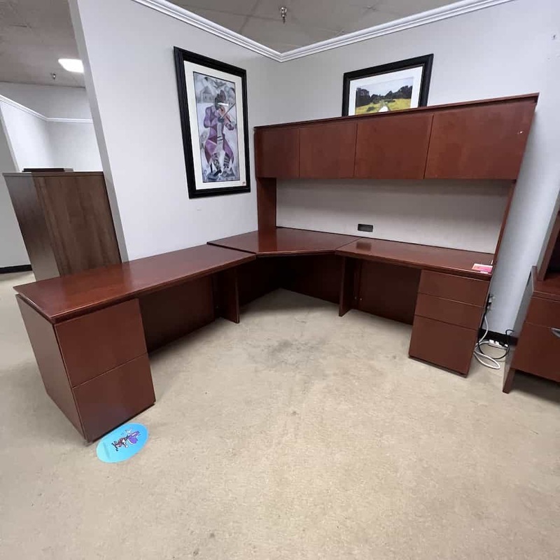 84″ Cherry Corner L-Desk with 2 Pedestal Files and Hutch Office Furniture Liquidations
