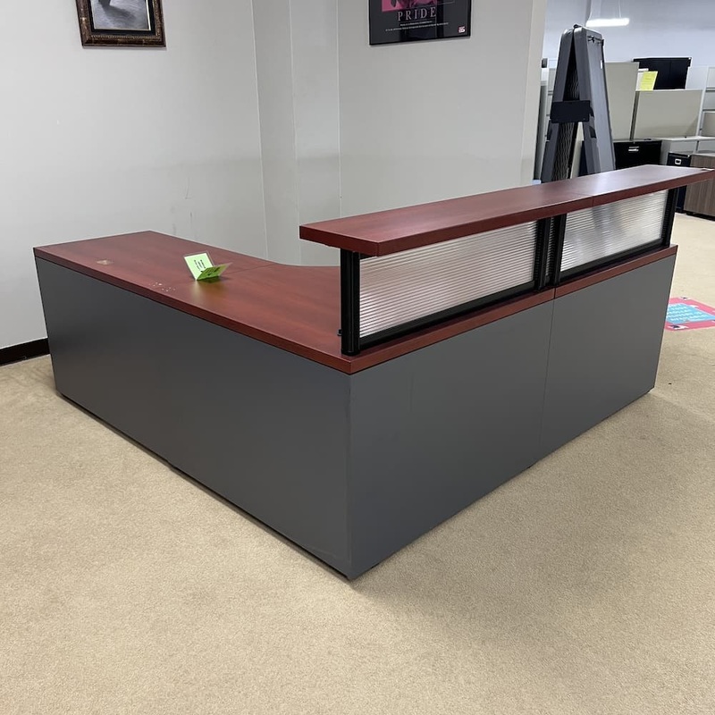 84″ x 84″ Cherry and Grey Reception L-Desk with Acrylic Transaction Top – Right Return Office Furniture Liquidations