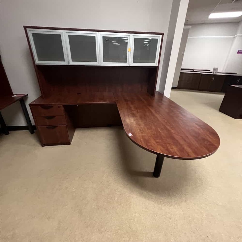 Damaged – 71″ Cherry and Black Bullnose L-Desk with Hutch and Glass Doors – Left Return Office Furniture Liquidations