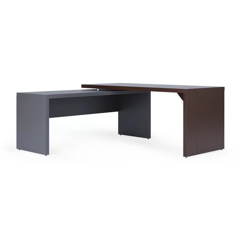 NEW – 71″ x 71″ Lucca Collection L-Desk Shell with Reversible Return – Walnut and Charcoal Office Furniture Liquidations