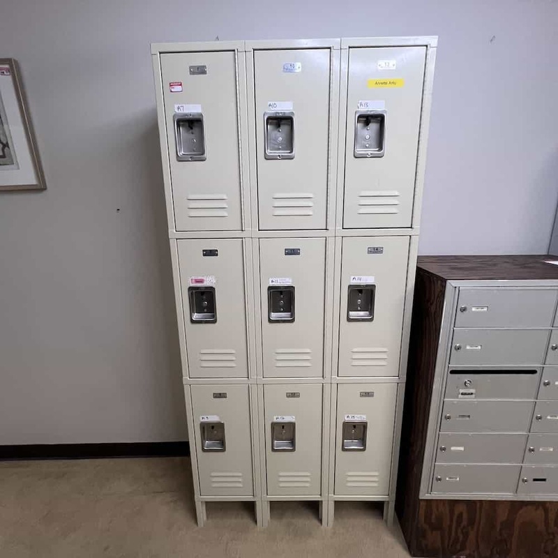 36″ W x 78″ H – ASI Beige Metal Lockers 3 Tier 9 Door on Legs Office Furniture Liquidations
