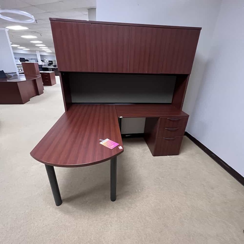 58″ Lacasse Cherry and Grey L-Desk with Hutch – Right Return Office Furniture Liquidations