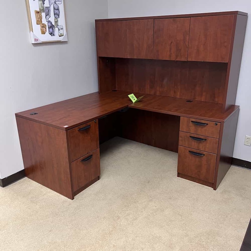 60″ Cherry and Black L-Desk with Hutch and 2 Pedestals – Right Return Office Furniture Liquidations