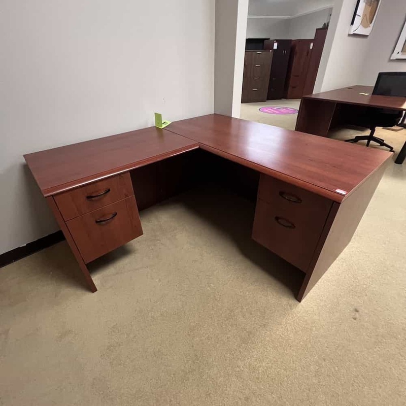 60″ x 66″ Indiana Furniture Cherry L-Desk with 2 Hanging Box/Files – Left Return Office Furniture Liquidations