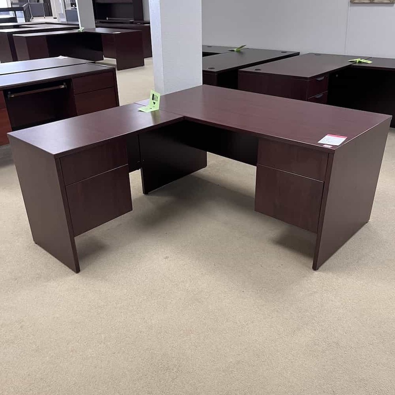 60″ x 66″ Mahogany L-Desk with 2 Hanging Files – Left Return Office Furniture Liquidations