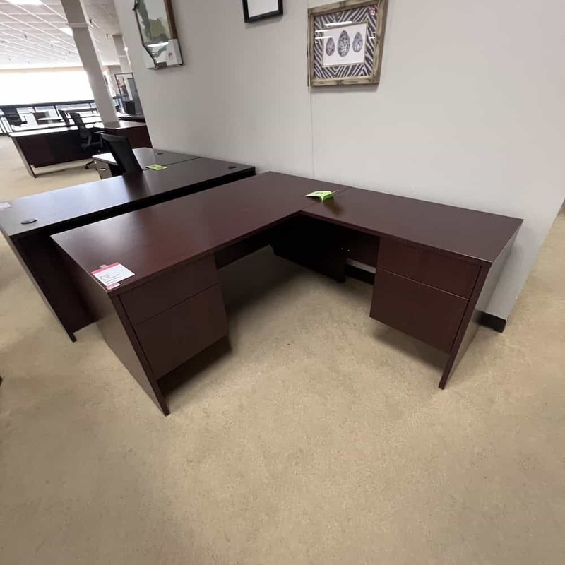 60″ x 66″ Mahogany L-Desk with 2 Hanging Files – Right Return Office Furniture Liquidations