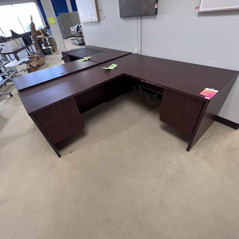 60″ x 70″ Global Mahogany L-Desk with 2 Hanging Files – Left Return Office Furniture Liquidations